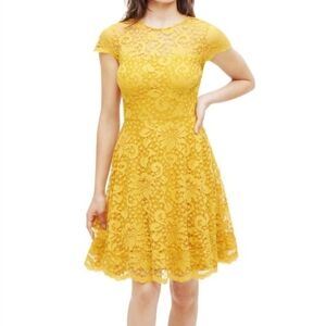 Kensie Yellow Fit‎ and Flare Mini Dress with Short Sleeves